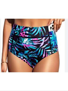 Tempt Me High Waisted Bikini Bottoms Black Tropical Leaf Size L
